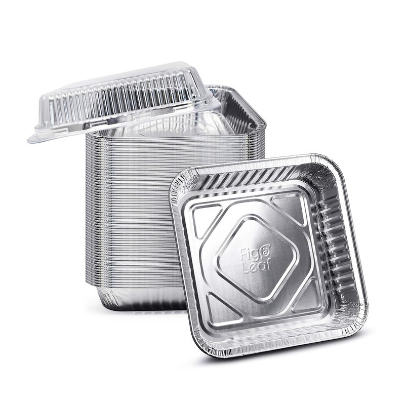 Fig & Leaf (35 Pack) 8â€ x 8â€ Square Baking Cake Pans with Plastic Dome Lids | Heavy Duty l Disposable Aluminum Foil Tins l Portable Food Containers l Perfect for Roasting Oven Toaster Cooking - Image 1